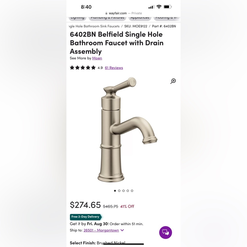 Brand New Moen 6402BN Belfield Single Hole Bathroom Faucet with Drain Assembly